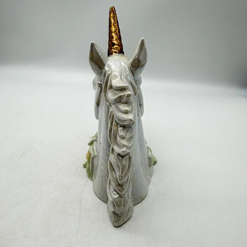 VTG Iridescent Ceramic Unicorn‎ Head Bust Gold Horn Pastel Floral Figurine